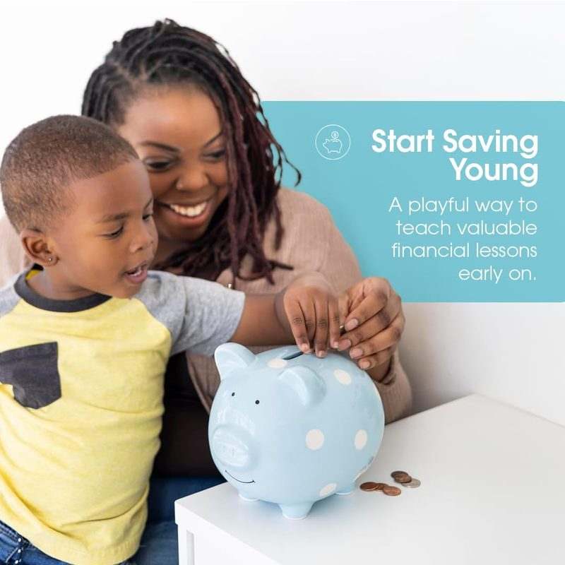 New Pearhead Large Ceramic Piggy Bank (Blue Polka Dots) - Kidsy