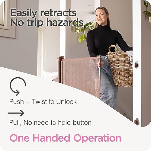 New Perma Child Safety 71 in. Wide X 33 in. Tall Retractable Baby Gate (Brown) - Kidsy