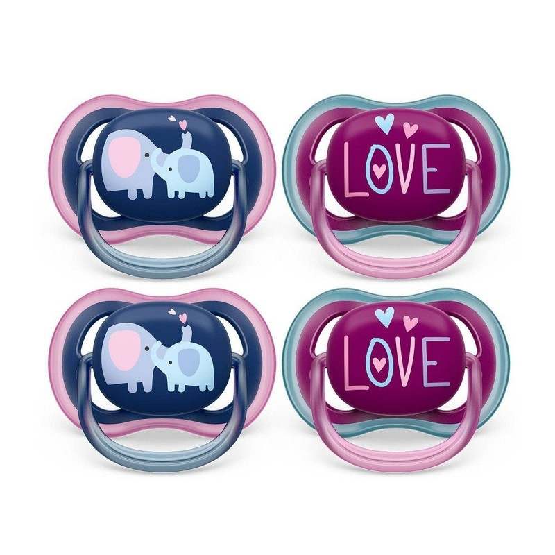 New Philips AVENT Ultra Air Pacifier (Steel Blue Elephant and Pink Hello)