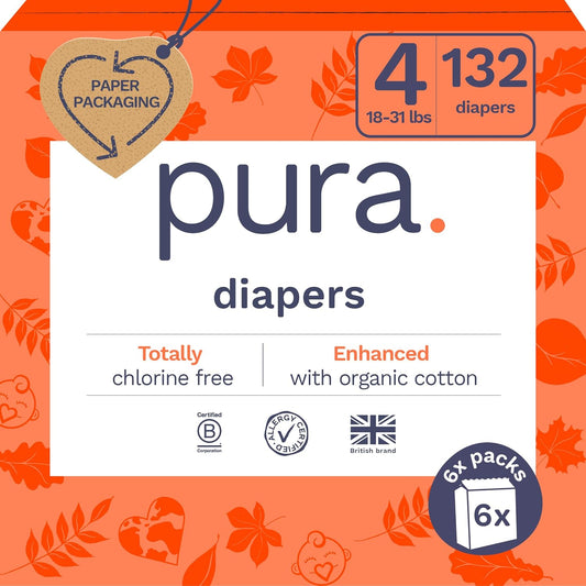 New Pura Sensitive Skin Baby Diapers - Size 4 (18 - 31 lbs), 6 Packs of 22 (132 Diapers) - Kidsy