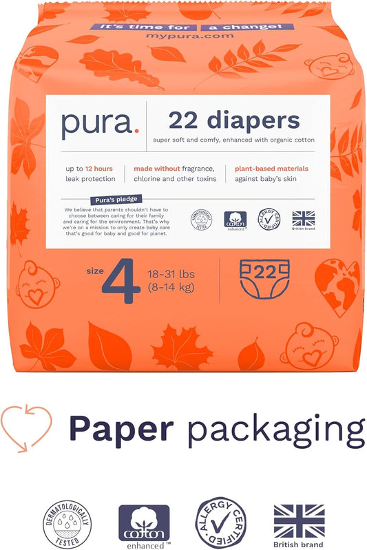 New Pura Sensitive Skin Baby Diapers - Size 4 (18 - 31 lbs), 6 Packs of 22 (132 Diapers) - Kidsy