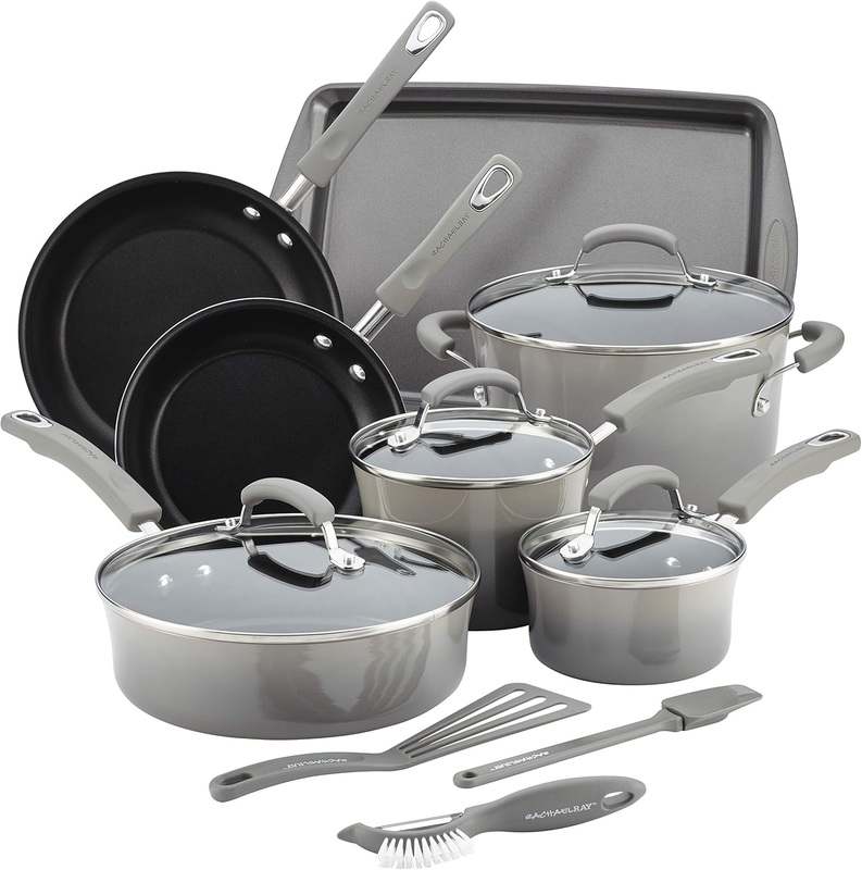 New Rachael Ray Brights Nonstick Cookware Pots and Pans Set, 14 Piece (Sea Salt Gray) - Kidsy