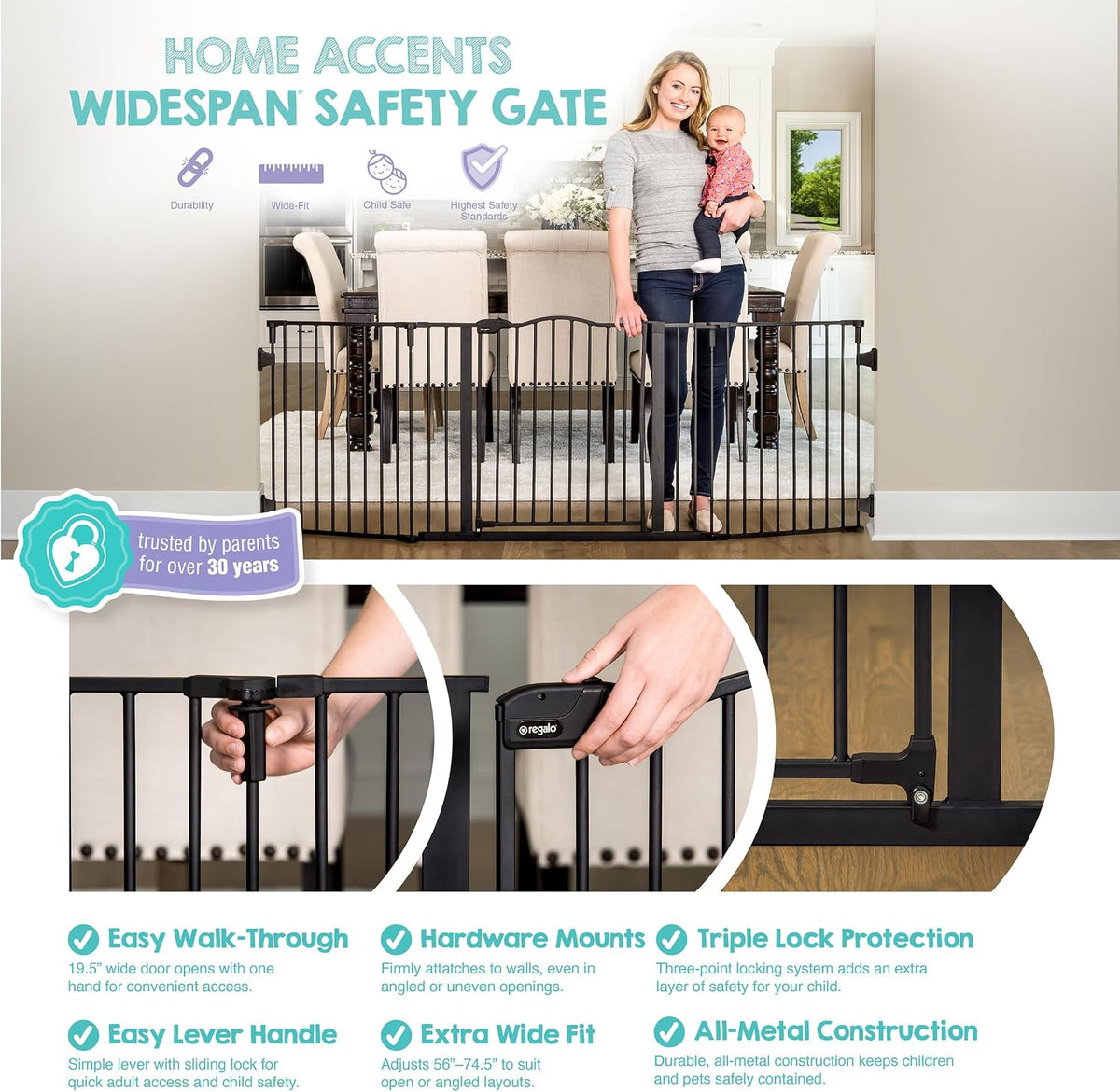 New Regalo Deluxe Widespan Safety Gate 28" Tall, 74.5" Wide (Black) - Kidsy