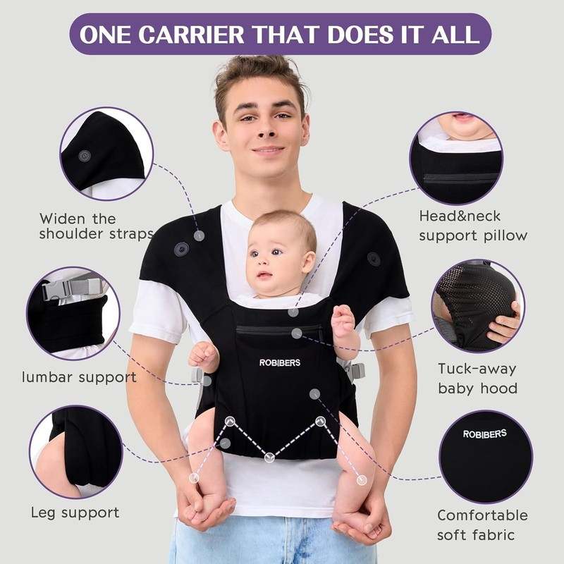 New ROBIBERS Baby Carrier Wrap 7–50 lbs (Black) - Kidsy
