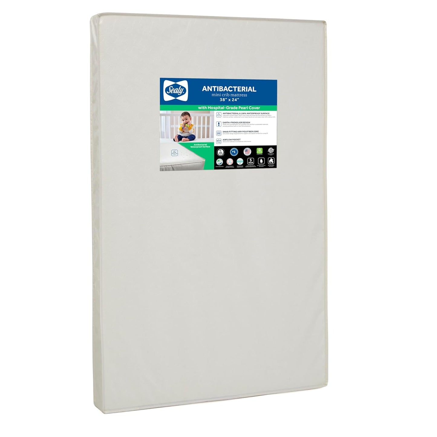 New Sealy Baby Antibacterial Waterproof Portable Mini Crib Mattress (Pearlized Radiance, Pearlized Radiance) - Kidsy