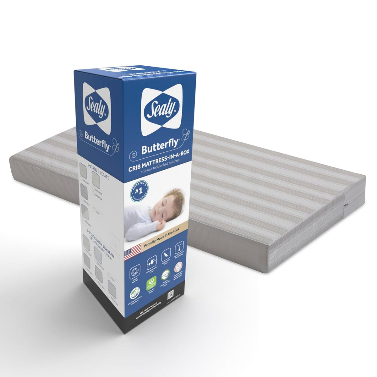 New Sealy Baby Infant & Toddler Butterfly Crib Mattress (White Stripe) - Kidsy