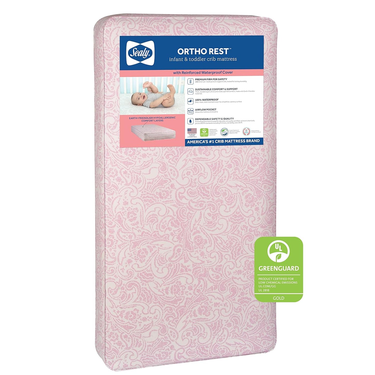 New Sealy Ortho Rest Waterproof Baby Crib Mattress and Toddler Bed Mattress (Pink) - Kidsy