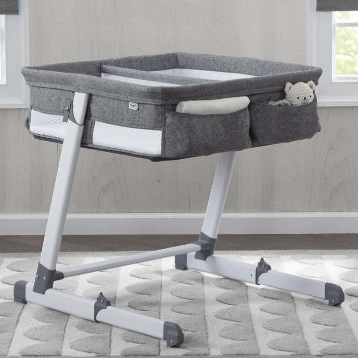 New Simmons Kids Twin Bassinet – Adjustable with Wheels (Grey Tweed) - Kidsy