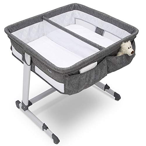 New Simmons Kids Twin Bassinet – Adjustable with Wheels (Grey Tweed) - Kidsy