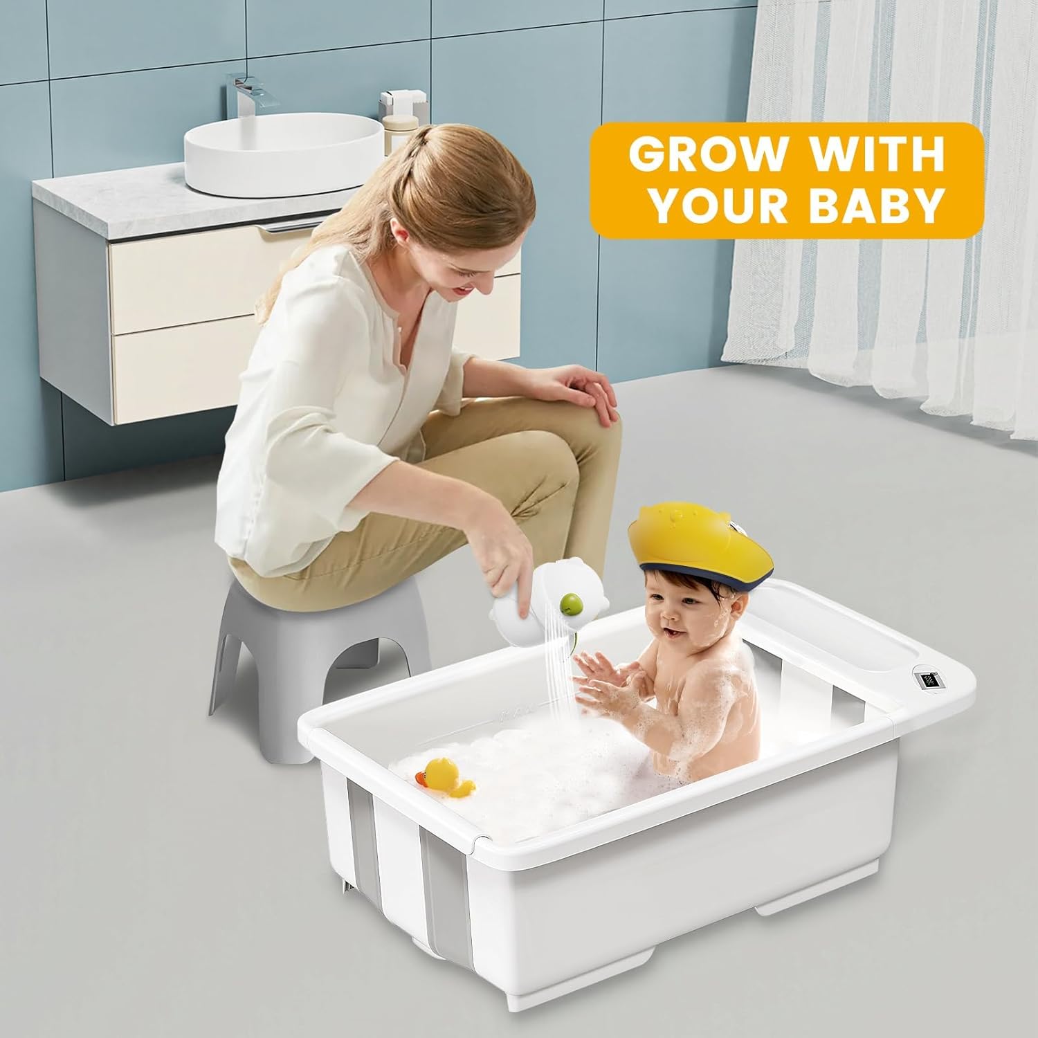 New SRGAFIX Collapsible Baby Bathtub with Smart Temperature Display & Bath Stand 0 - 36 M (Grey) - Kidsy