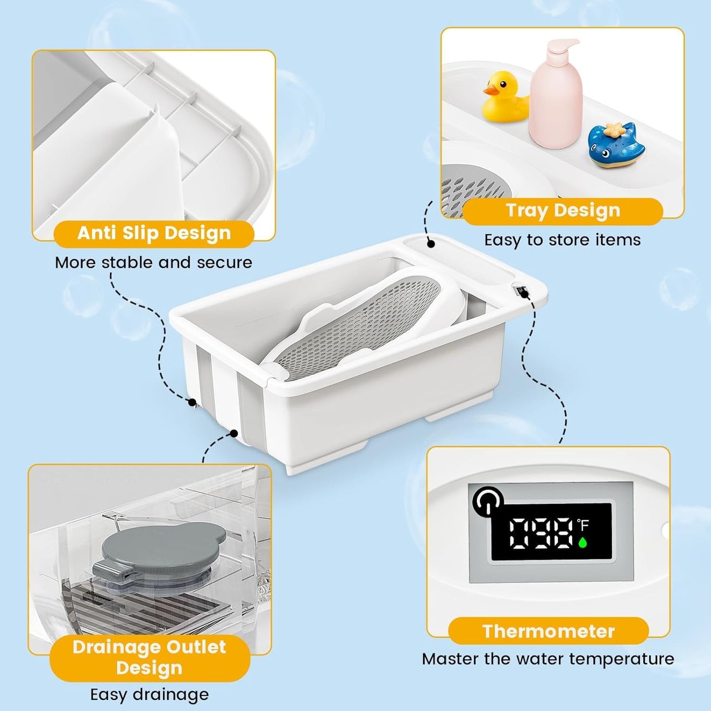 New SRGAFIX Collapsible Baby Bathtub with Smart Temperature Display & Bath Stand 0 - 36 M (Grey) - Kidsy