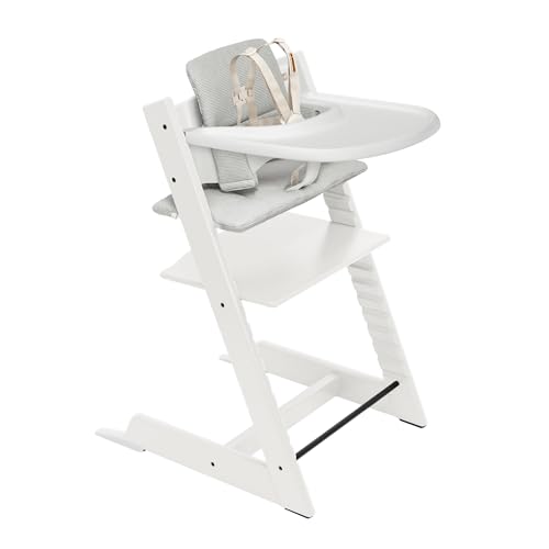 New Stokke Tripp Trapp High Chair 2 (White), Cushion 2 (Nordic Grey) + Stokke Tray (White) - Kidsy