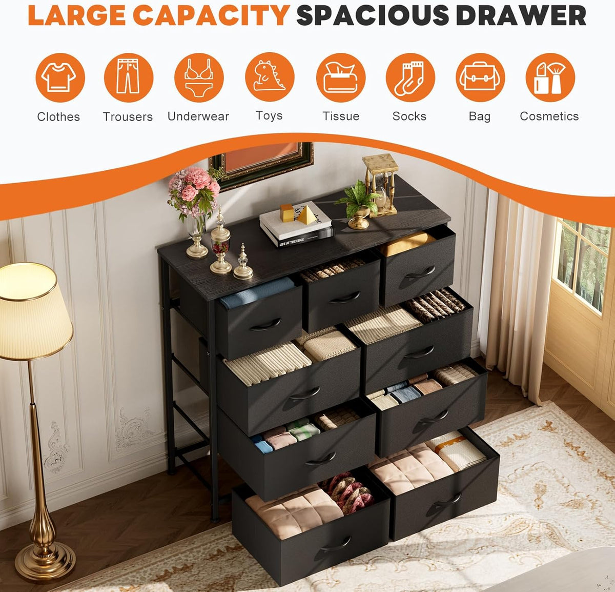 New Sweetcrispy 9-Drawer Fabric Dresser Storage Tower (Classic Black) - Kidsy