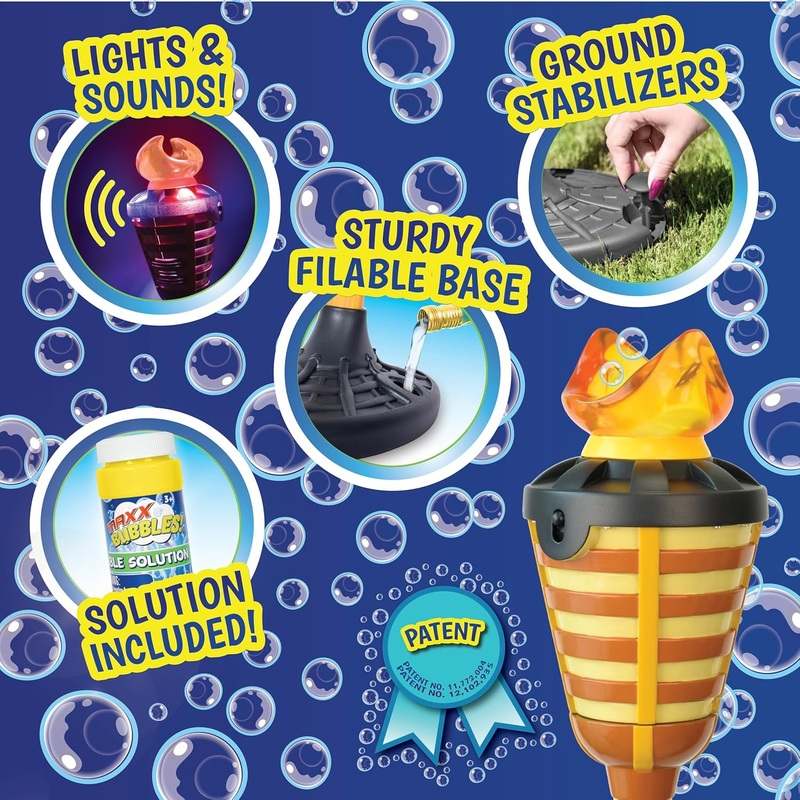 New Tiki Torch Bubbler Bubble Machine with Lights and Music, Bubble Blower and Wand - Kidsy