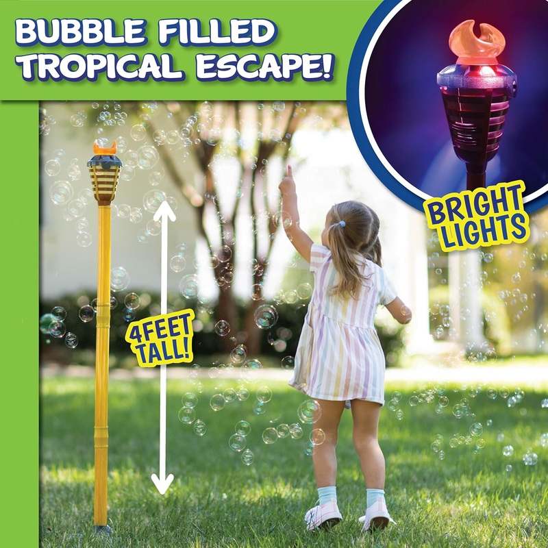 New Tiki Torch Bubbler Bubble Machine with Lights and Music, Bubble Blower and Wand - Kidsy