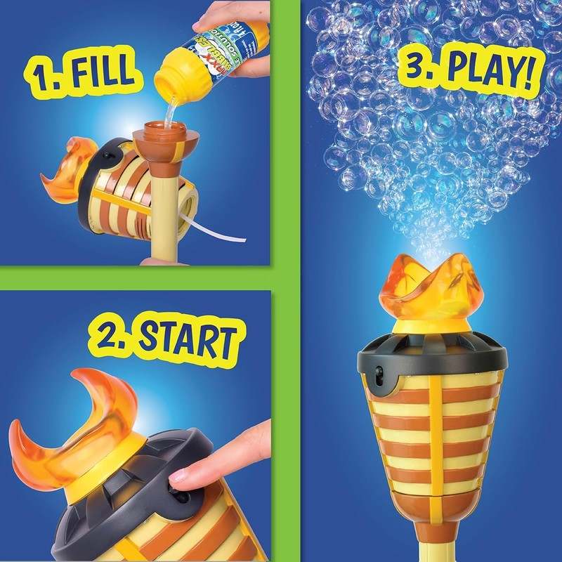 New Tiki Torch Bubbler Bubble Machine with Lights and Music, Bubble Blower and Wand - Kidsy