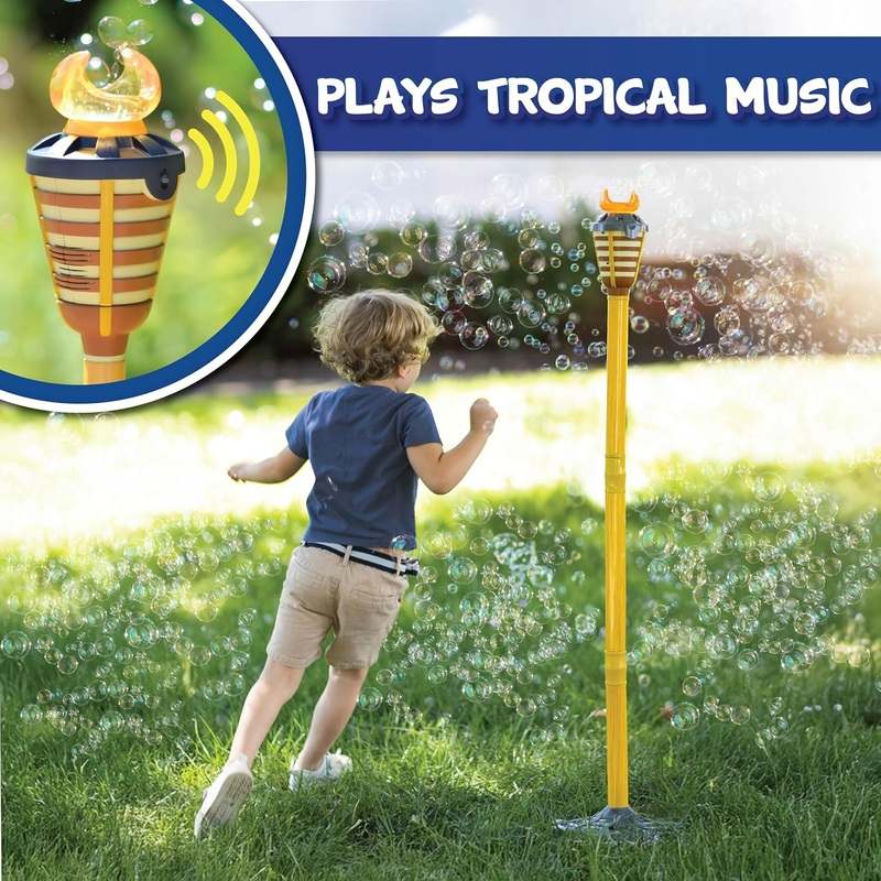 New Tiki Torch Bubbler Bubble Machine with Lights and Music, Bubble Blower and Wand - Kidsy