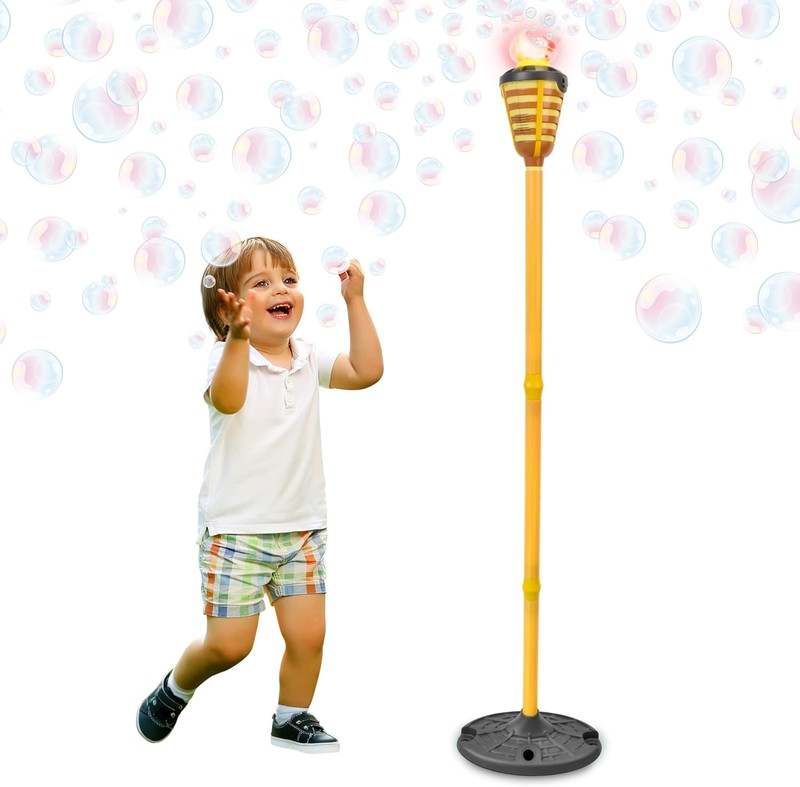 New Tiki Torch Bubbler Bubble Machine with Lights and Music, Bubble Blower and Wand - Kidsy