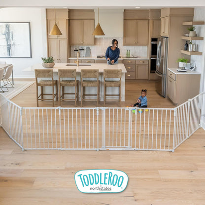 New Toddleroo 3 - in - 1 Metal Play Yard Gate 8 Panels, 199" Wide (Taupe) - Kidsy
