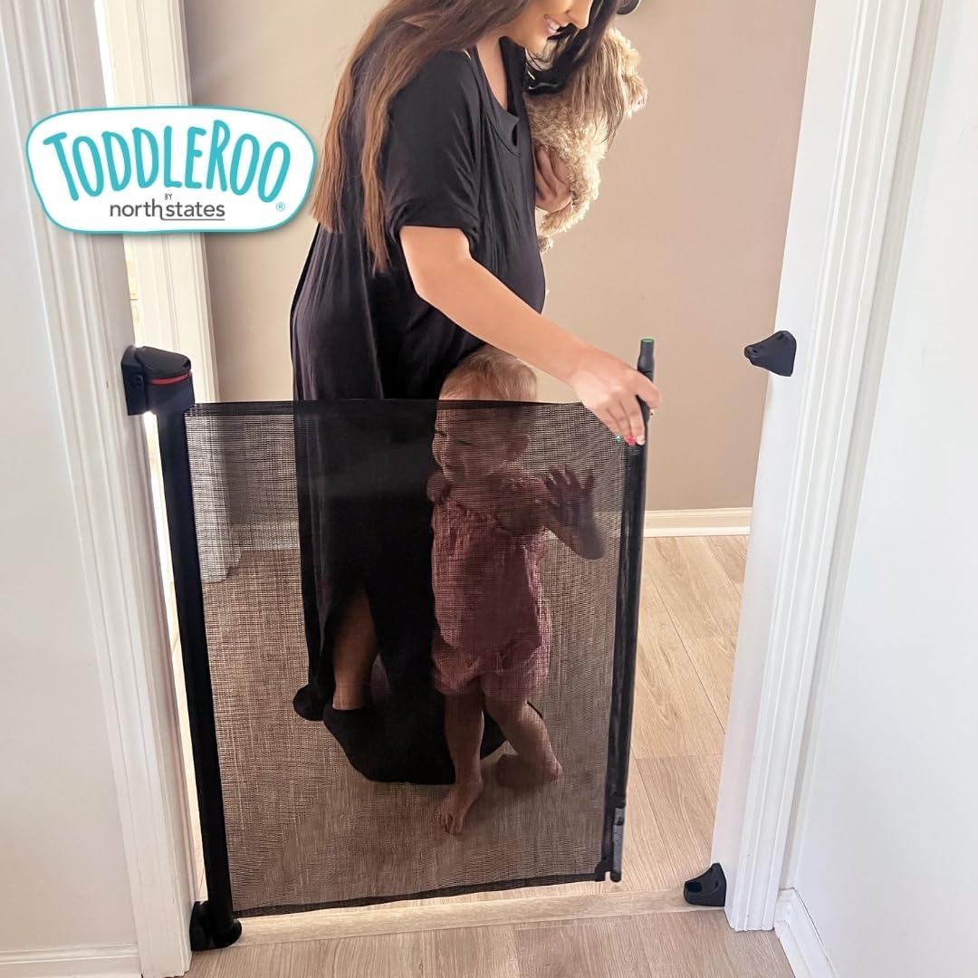 New Toddleroo by North States - Retractable Fit Mesh Baby Gate Extra Wide Up to 55 Inches Wide 33 Inches Tall (Black) - Kidsy