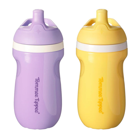 New Tommee Tippee Insulated 9oz Sporty Spout Toddler Water Bottle, Sippy Cups for Toddlers 1 - 3, Pack of 2 (Yellow & Purple) - Kidsy