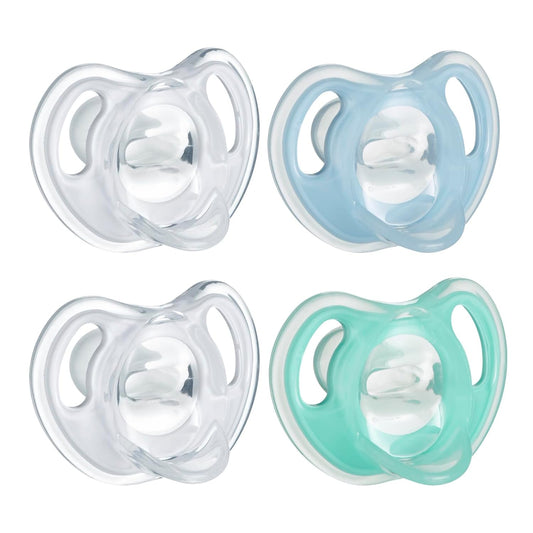 New Tommee Tippee Ultra - Light Silicone Pacifier, 0 - 6 Months, Symmetrical One - Piece Design, BPA - Free Silicone Binkies (Clear/Blue/Green) - Kidsy