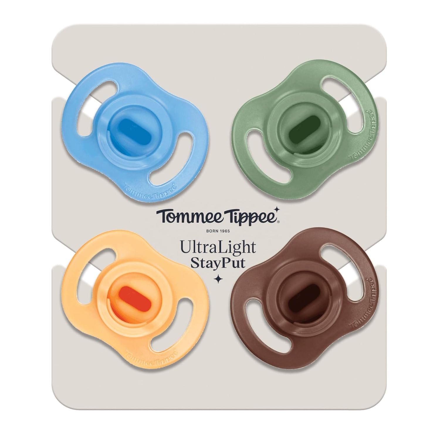 New Tommee Tippee Ultra - Light StayPut Pacifier, 18 - 36m, 4 Pack (Bright Blue/Honey/Sage/Brown) - Kidsy