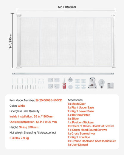 New VEVOR Retractable Baby Gate, 34 inch Tall, Extends up to 55 inch Wide (White) - Kidsy