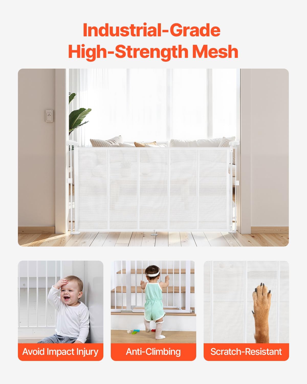 New VEVOR Retractable Baby Gate, 34 inch Tall, Extends up to 55 inch Wide (White) - Kidsy