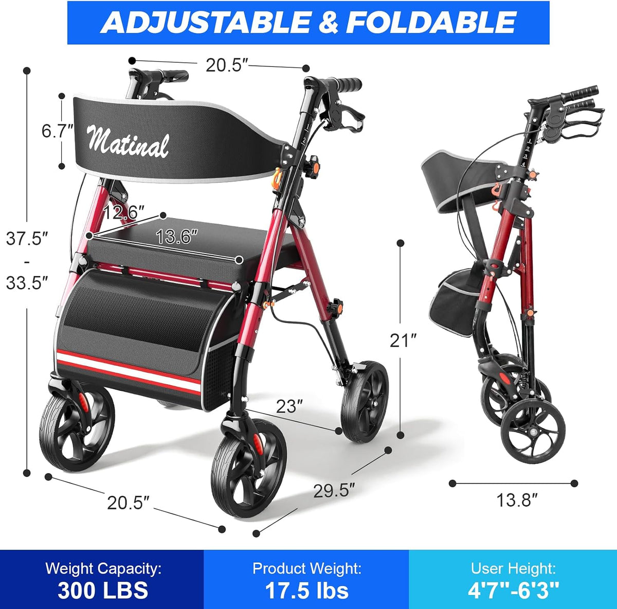 New Walkers for Seniors with seat, Rollator Walker with Seat (Burgundy) - Kidsy