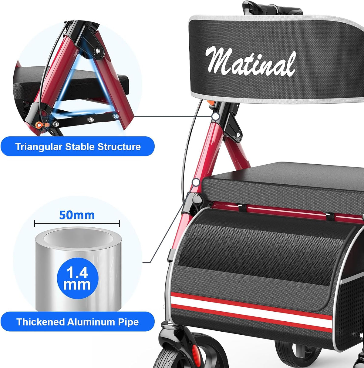 New Walkers for Seniors with seat, Rollator Walker with Seat (Burgundy) - Kidsy