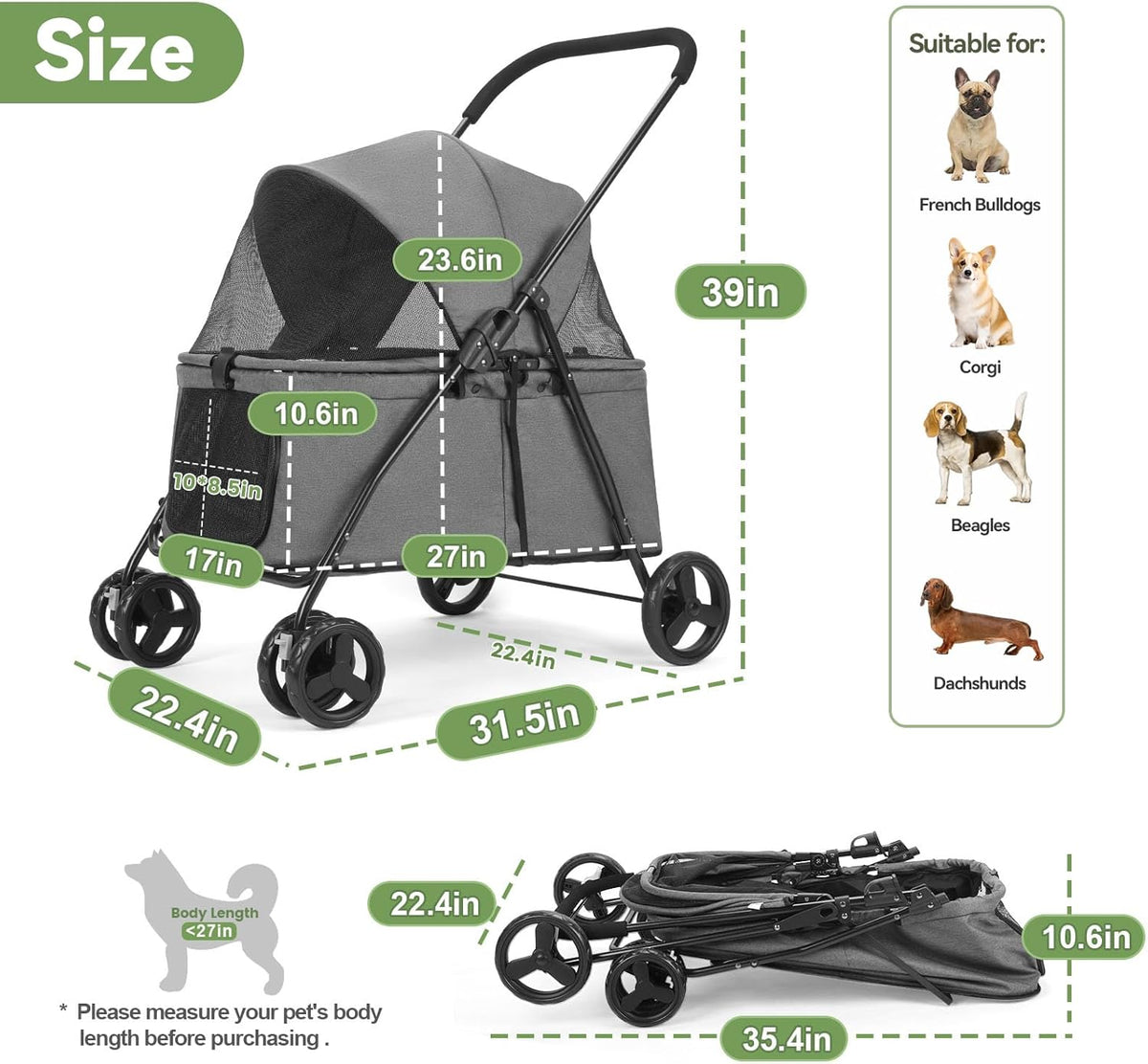 New Wedyvko 20% Larger Capacity Dog Stroller for Medium/Small Pets w/Dog Poop Bags & Dispenser (Grey) - Kidsy