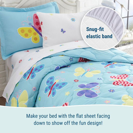 New Wildkin Full Bed in a Bag - 7 - Piece Microfiber Bedding Set (Butterfly Garden Blue, Full) - Kidsy