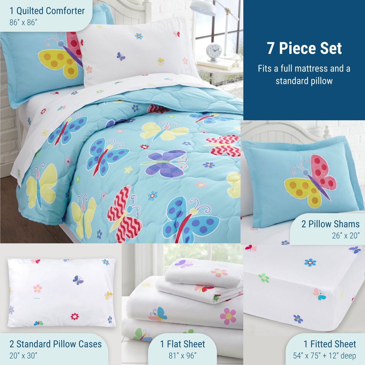 New Wildkin Full Bed in a Bag - 7 - Piece Microfiber Bedding Set (Butterfly Garden Blue, Full) - Kidsy