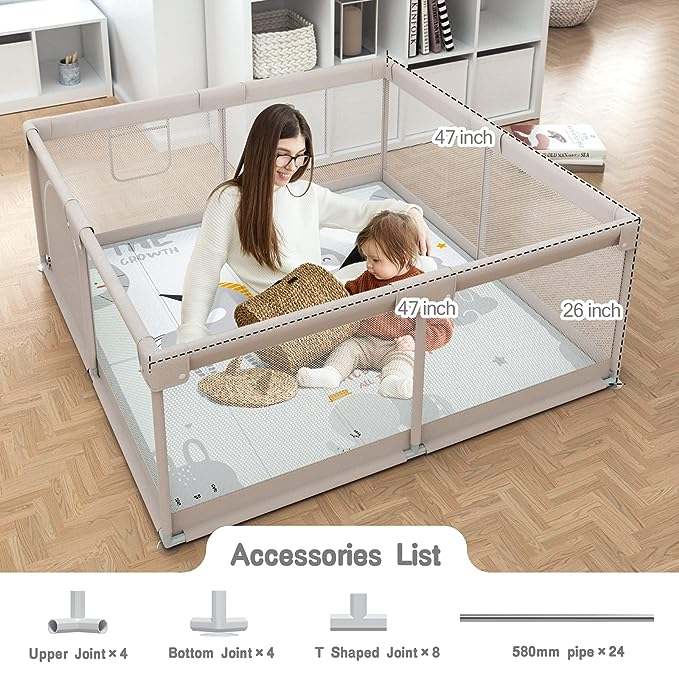 New ZEEBABA Baby Playpen with Mat 47"x47" (Grey) - Kidsy