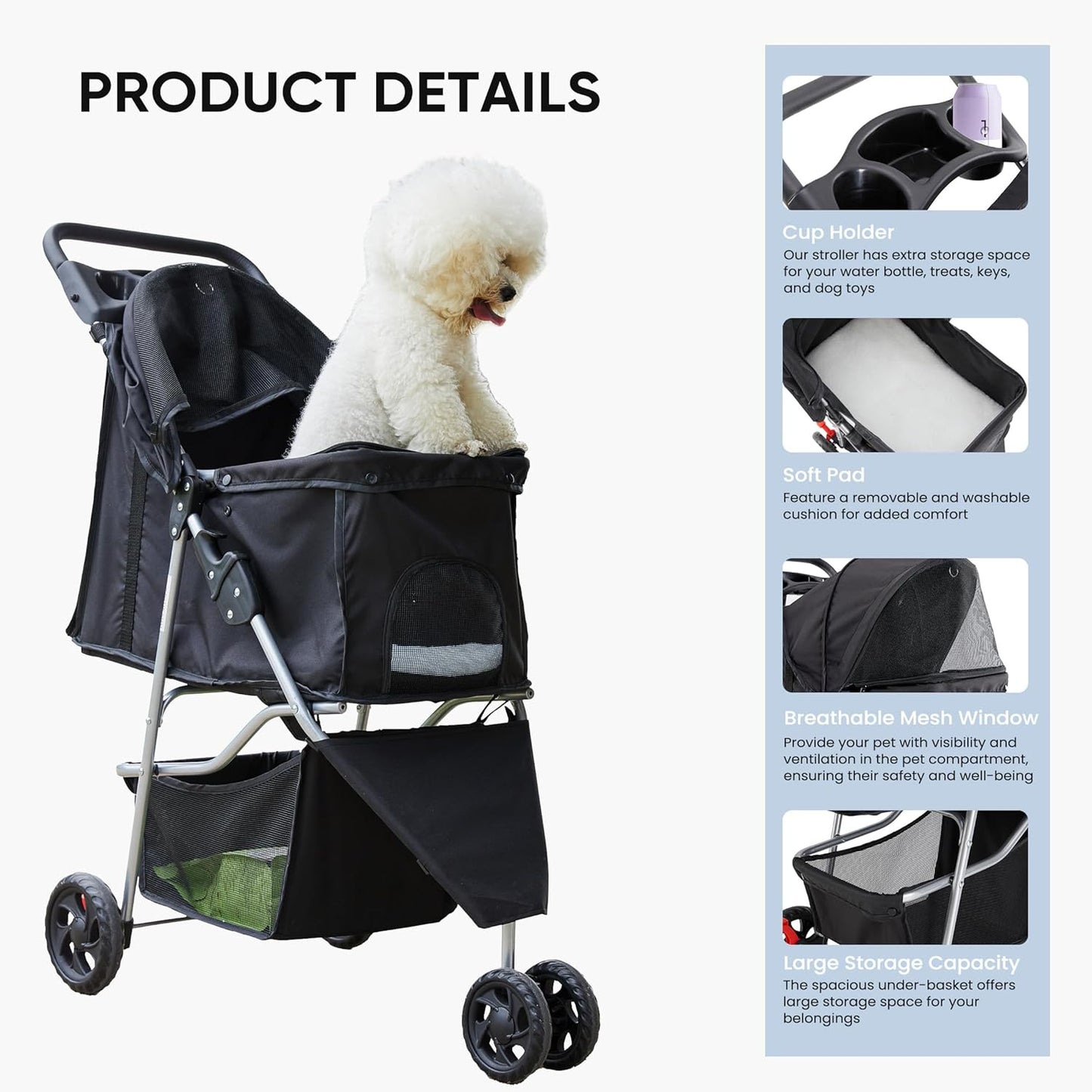 NEWBULIG 3 Wheel Pet Stroller for Dogs and Cats (Black) - Kidsy
