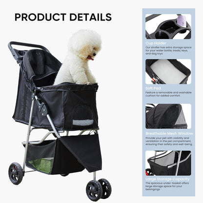 NEWBULIG 3 Wheel Pet Stroller for Dogs and Cats (Black) - Kidsy