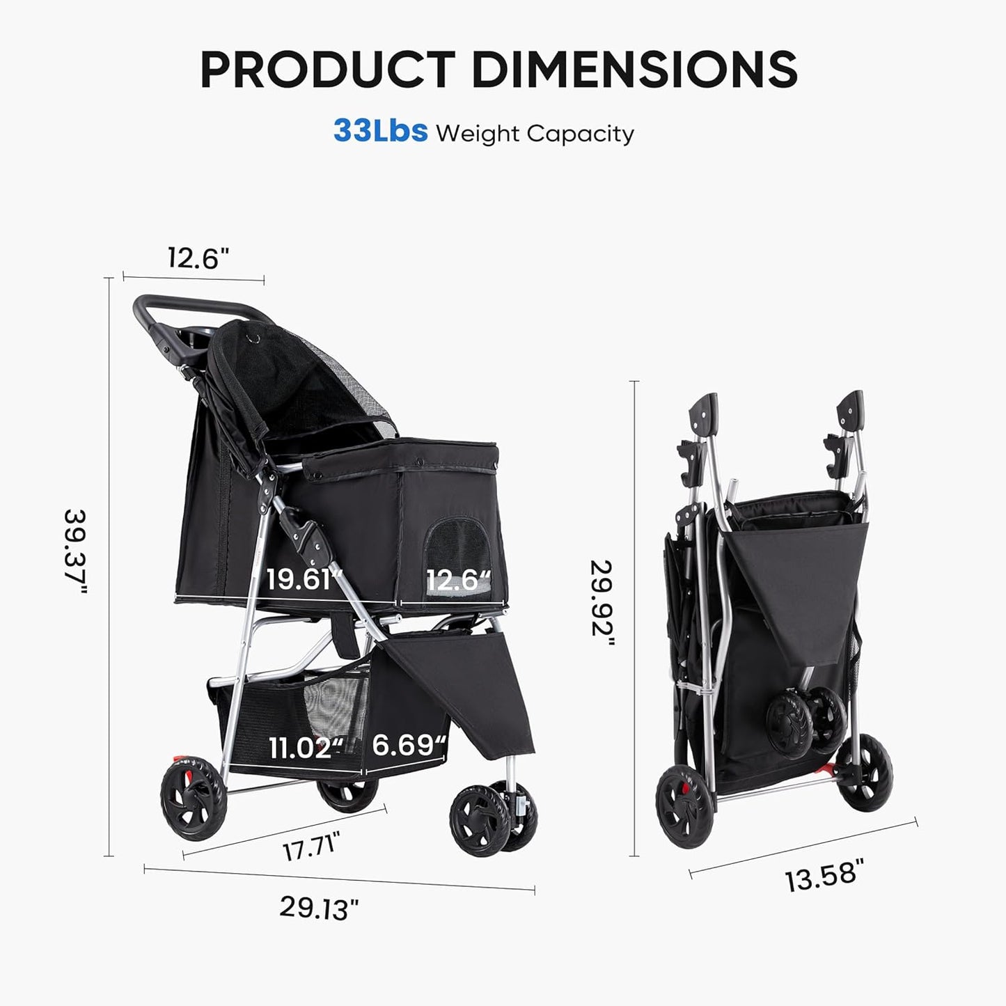 NEWBULIG 3 Wheel Pet Stroller for Dogs and Cats (Black) - Kidsy