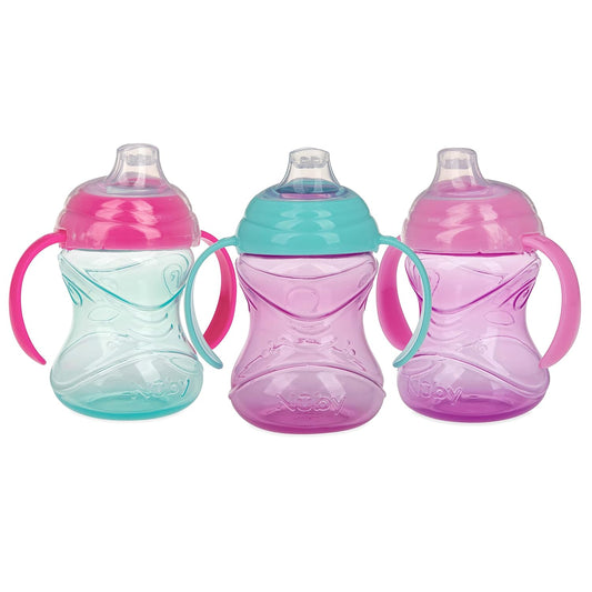 Nuby Clik - It Grip N' Sip Soft Spout No - Spill Training Sippy Cup with Handles, 3 - Pack (Aqua/Purple/Pink) - Kidsy