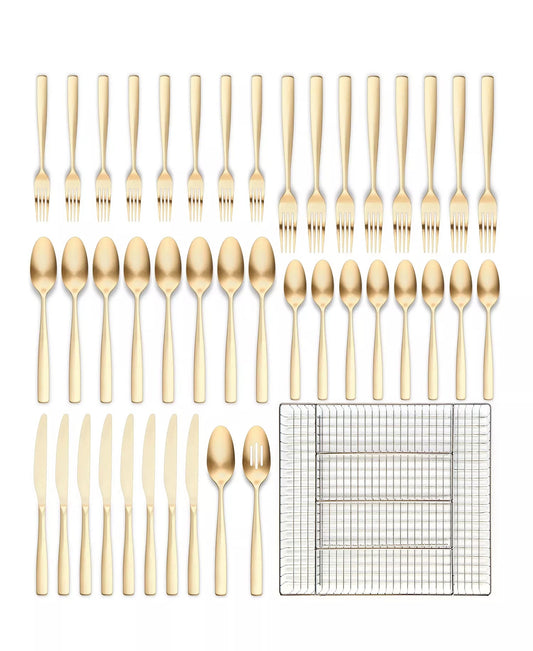Ornative Kaede 42 - Pc. Flatware Set with Wire Caddy, Service for 8 (Gold) - Kidsy