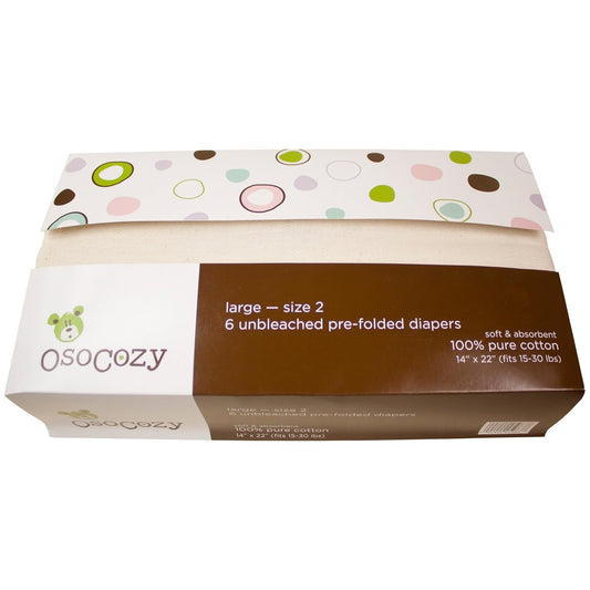 OsoCozy Unbleached Prefold Cloth Baby Diapers, Size 2 (15 - 30 lbs.) 6 Pack - Kidsy