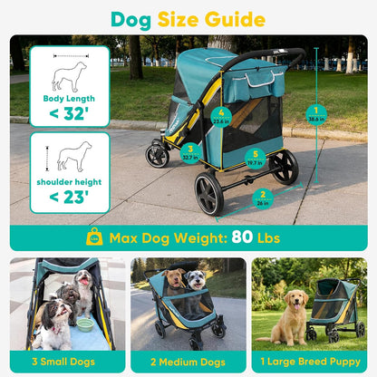 Petbobi Foldable Dual-Entry Dog Stroller, 80 lb Capacity (Green & Yellow) - Kidsy