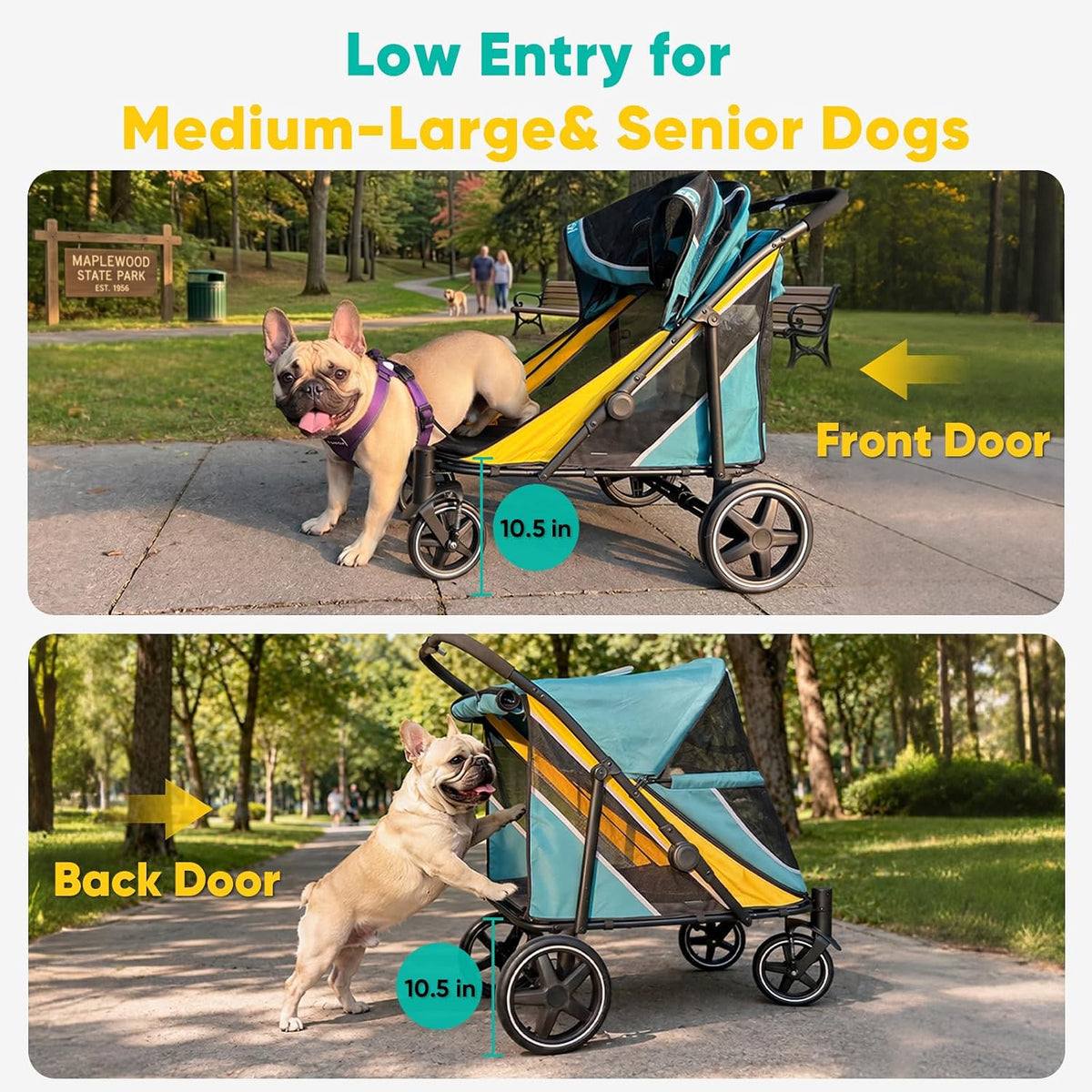 Petbobi Foldable Dual-Entry Dog Stroller, 80 lb Capacity (Green & Yellow) - Kidsy