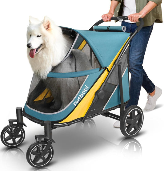 Petbobi Foldable Dual-Entry Dog Stroller, 80 lb Capacity (Green & Yellow) - Kidsy