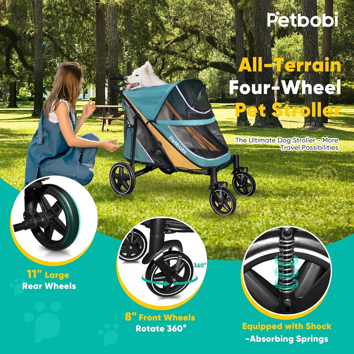 Petbobi Foldable Dual-Entry Dog Stroller, 80 lb Capacity (Green & Yellow) - Kidsy