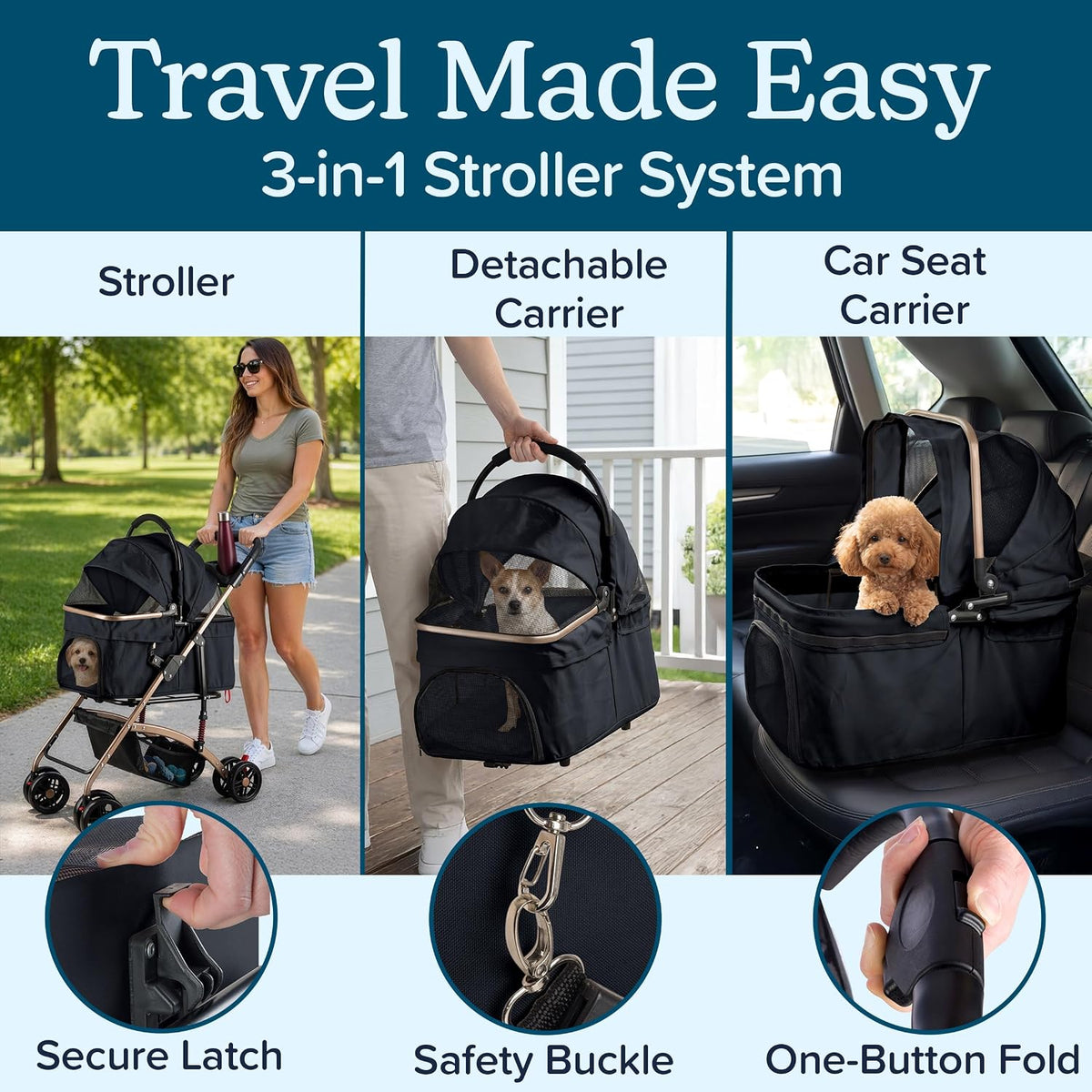 PETMAKER 2-in-1 Lightweight Foldable Pet Stroller with Detachable Carrier (Black) - Kidsy