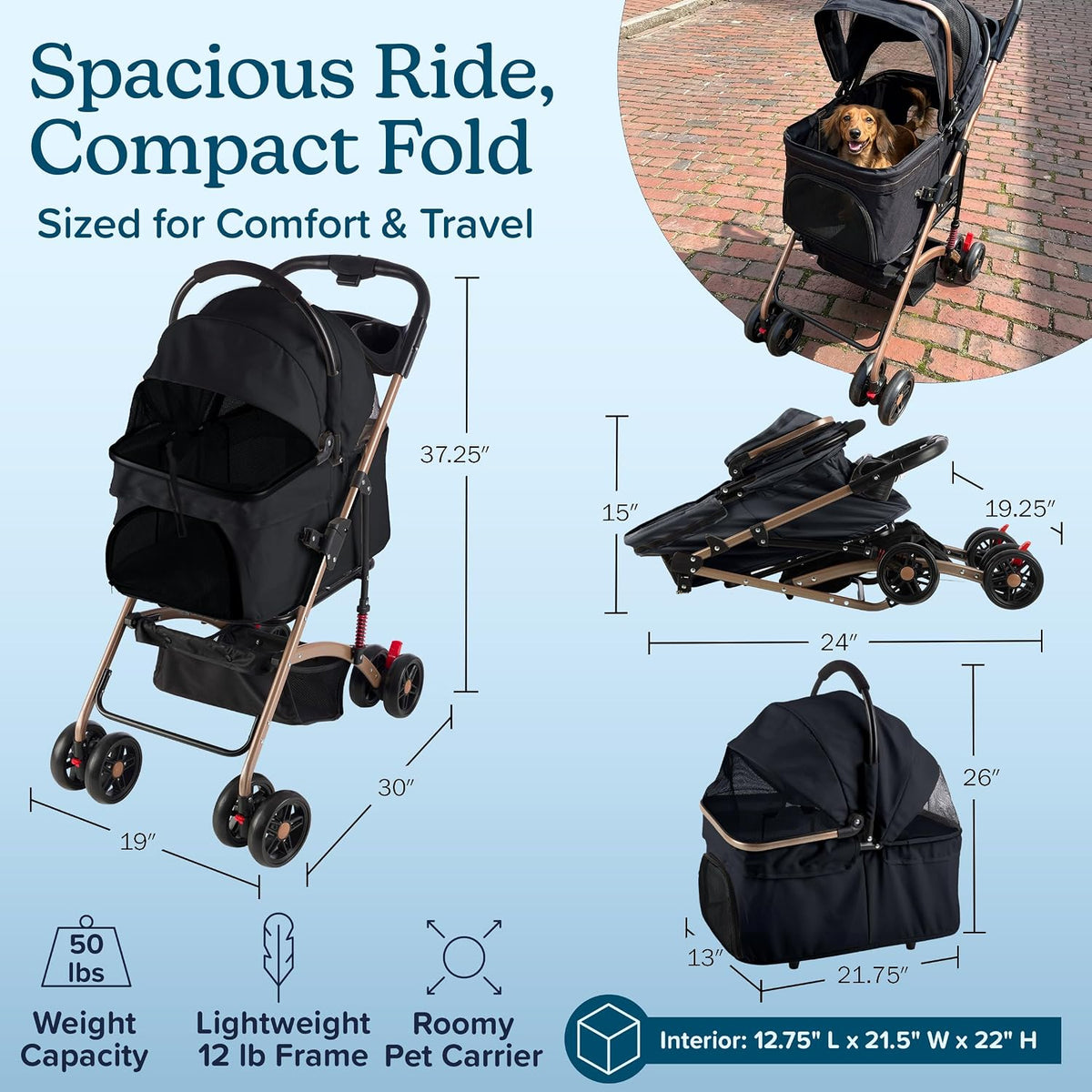 PETMAKER 2-in-1 Lightweight Foldable Pet Stroller with Detachable Carrier (Black) - Kidsy