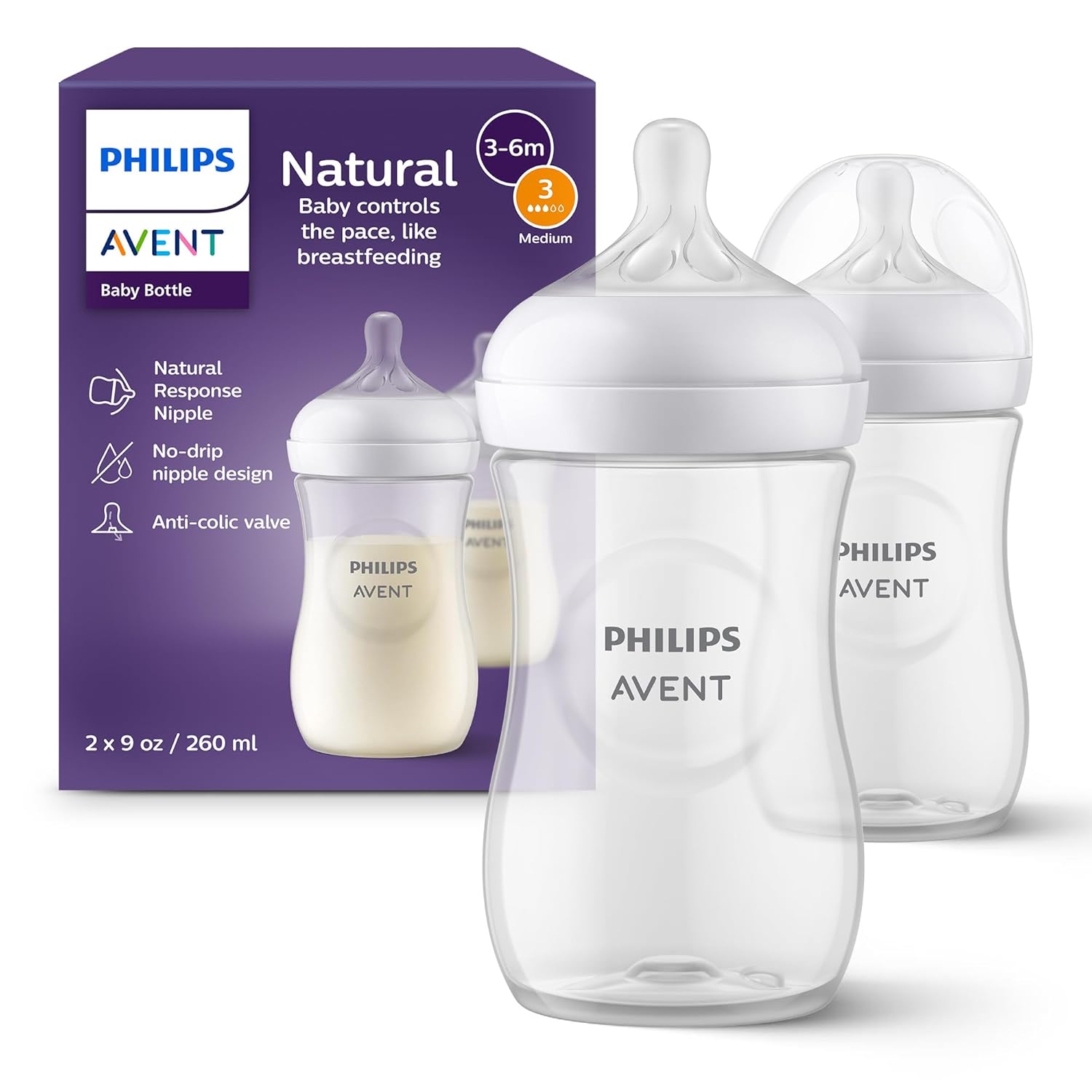 Philips Avent Natural Baby Bottles with Natural Response Nipples (Medium Flow, Flow 3) - Kidsy