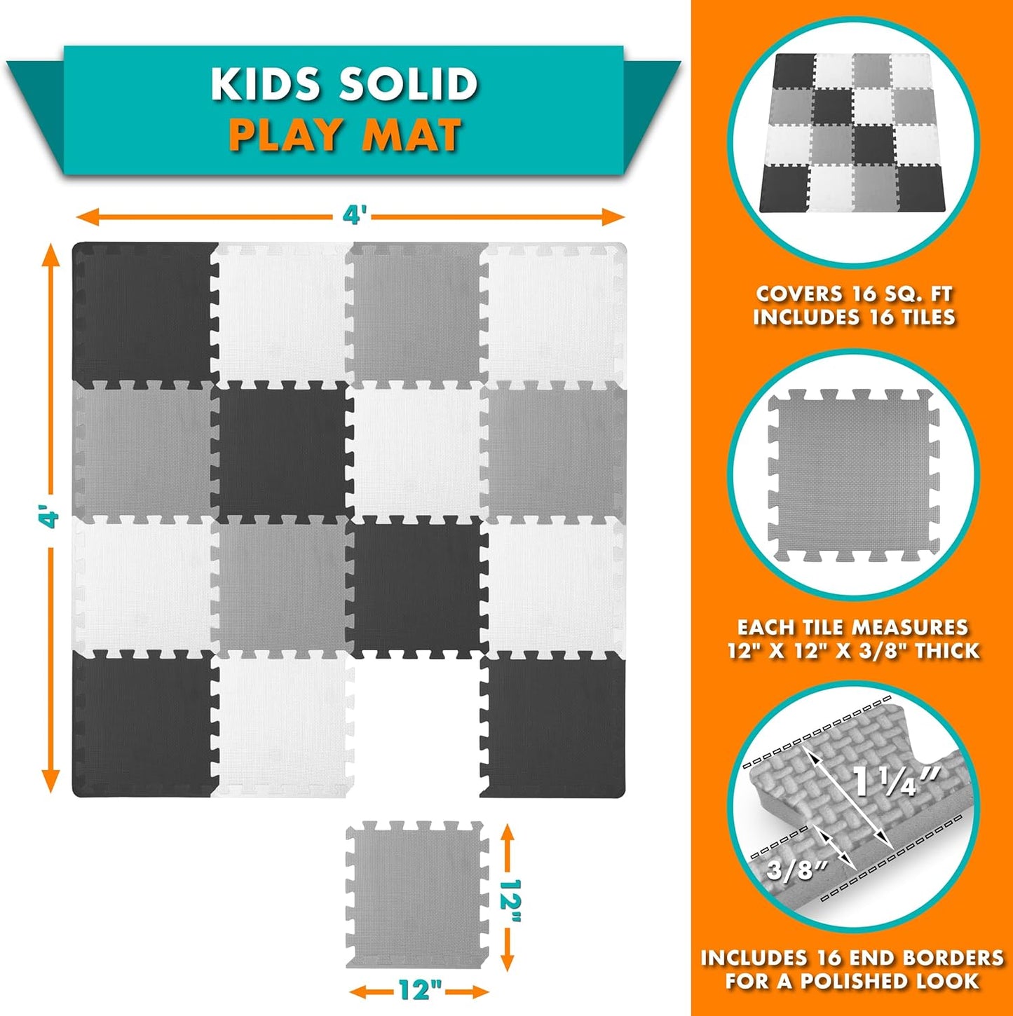 ProSource Foam Puzzle Floor Play Mat (Black/Grey/White) - Kidsy