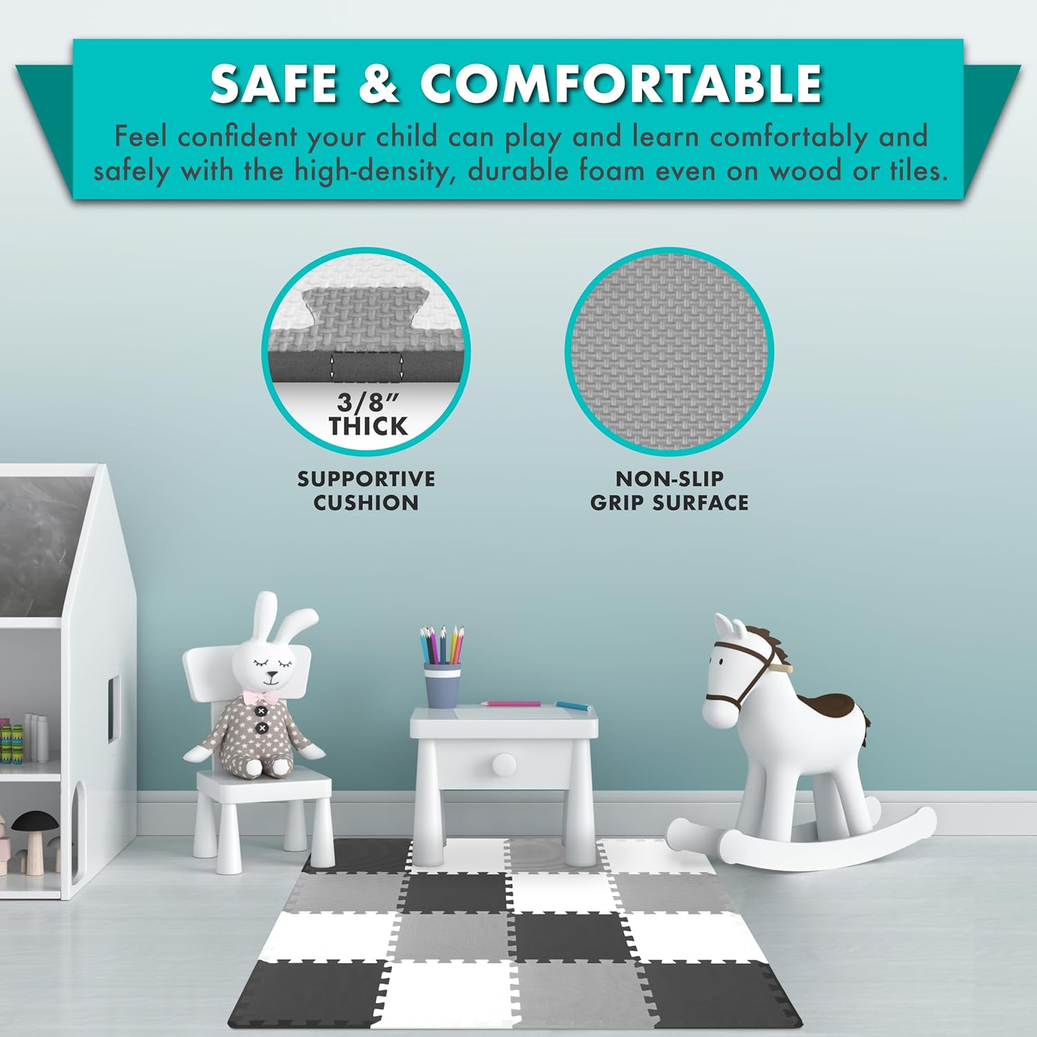 ProSource Foam Puzzle Floor Play Mat (Black/Grey/White) - Kidsy